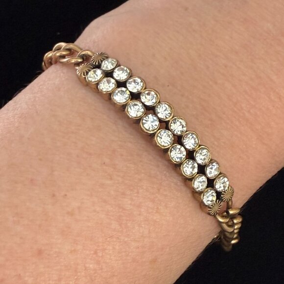 J Crew Gold-Tone Chain Bracelet With Double Row Clear Rhinestones Lobster Clasp - Picture 5 of 12